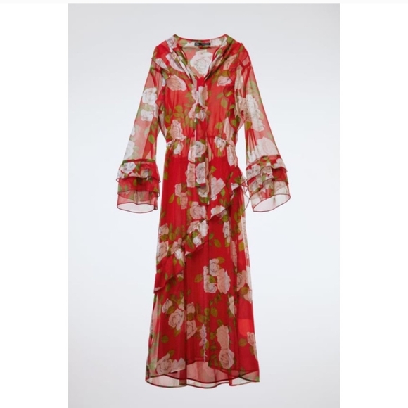 Zara Dresses & Skirts - Zara Women's Floral Dress Ruffle Sleeves Red Open Back Sz XS Romantic Spring